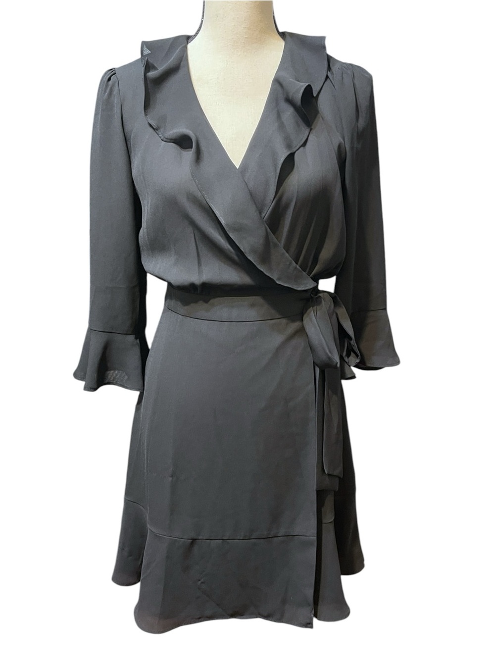 Marella Black Lightweight Ruffle Faux Wrap 3/4 Sleeve Mini Cocktail Dress Size 4